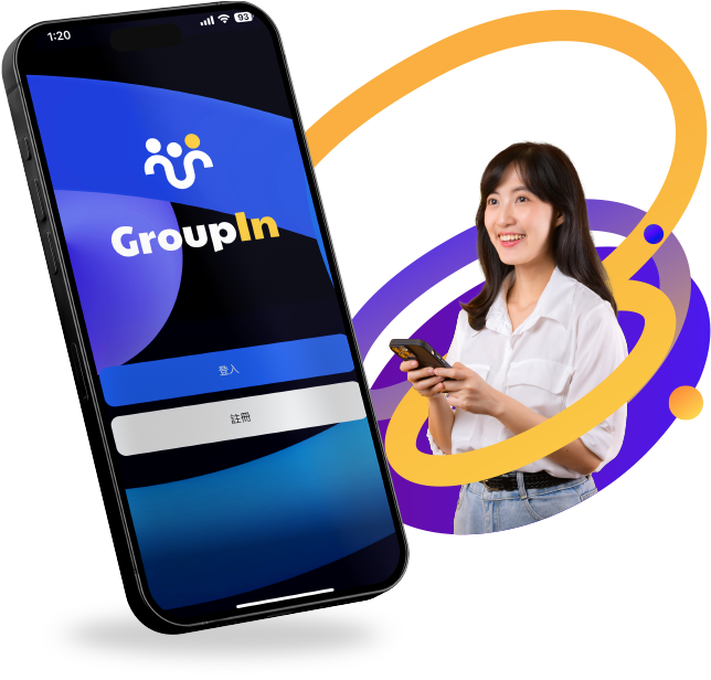 Phone shows GroupIn app login/register; woman smiles beside, purple/yellow circles.