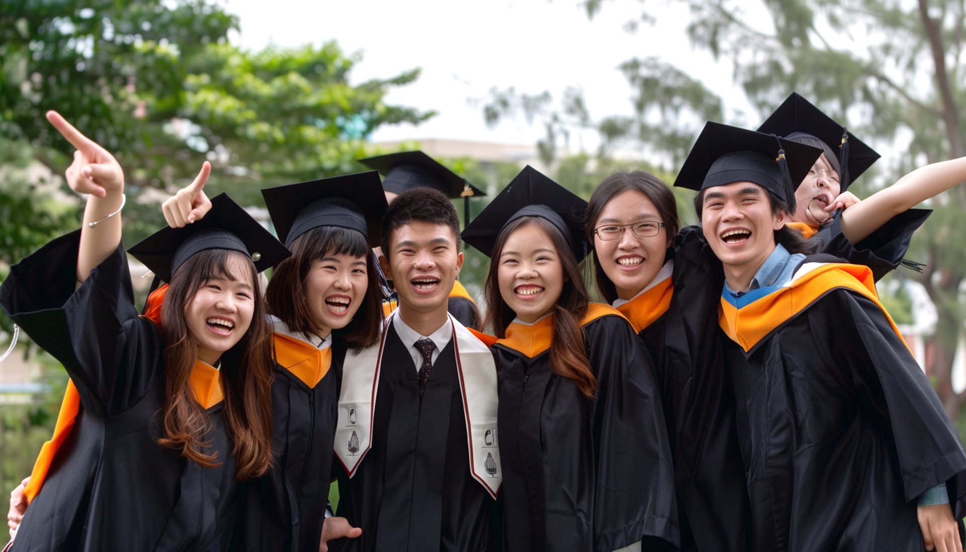 一群穿畢業禮袍戴畢業帽的大學畢業生，在戶外興奮歡呼，共同慶祝畢業。